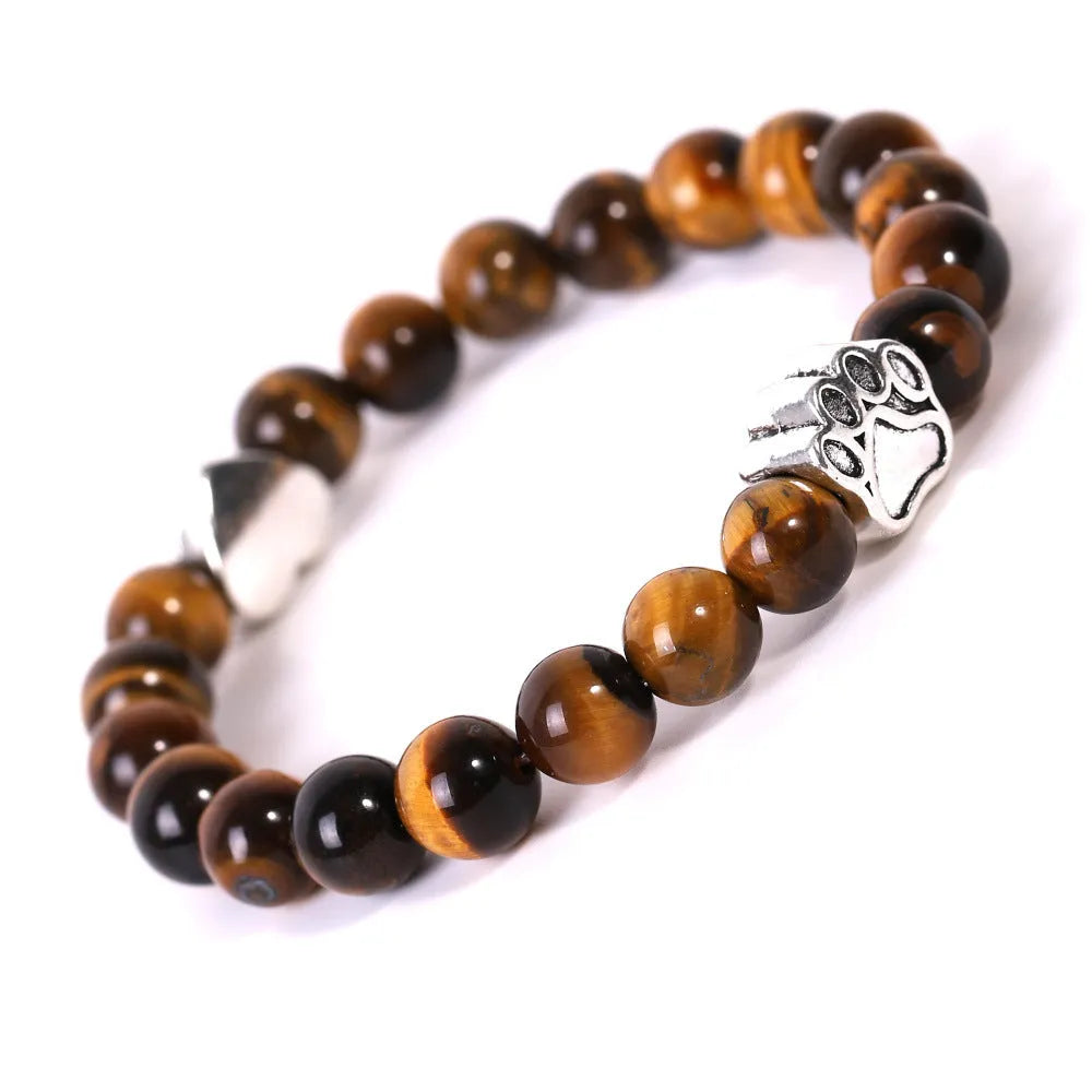 Indian Agate stone Dog's Paw bracelet with geometric Tigereye design and heart shape on round beads.