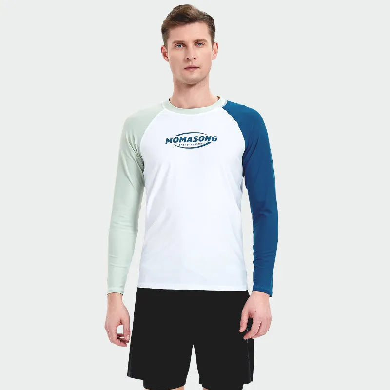 Men's white long sleeve swim top with matching colour-blocked swimming trousers