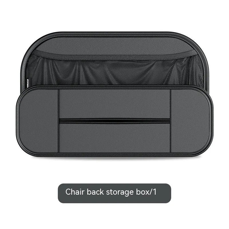 Black leather car seat rear storage bag showing dimensions and customisable pockets.