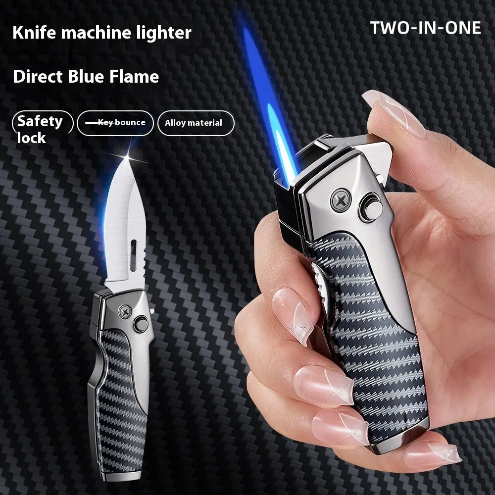 Metal folding lighter with straight jet flame and folding knife in various colour finishes