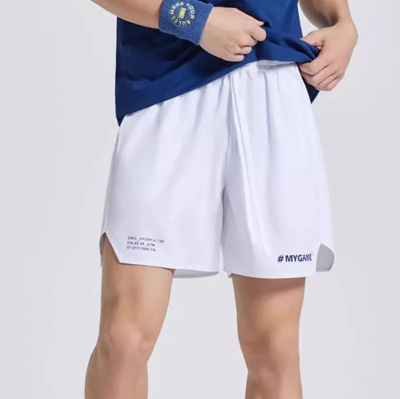 Men's fitness training shorts in black, blue, grey, or white with moisture-wicking fabric.
