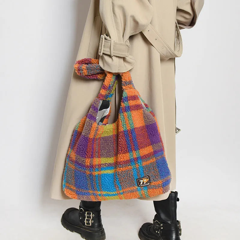 Women's plaid crossbody tote bag in soft plush material with dimensions 40x44x9cm