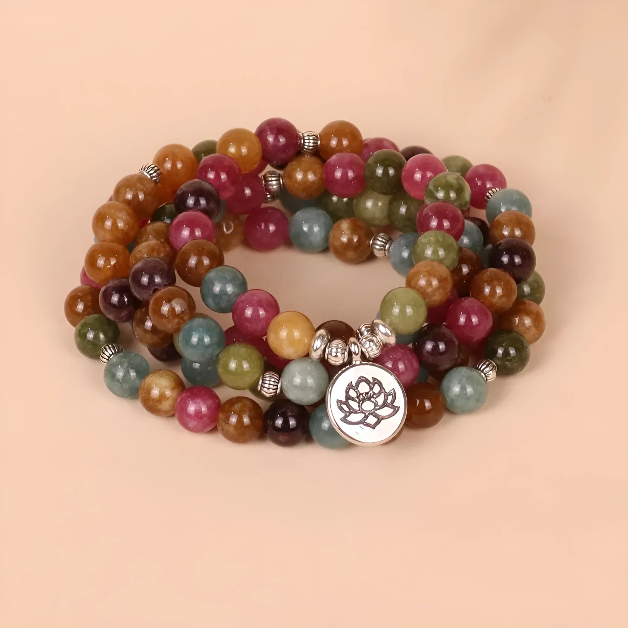 108 bead lotus bracelet in tourmaline colour with multi-layer hanging design and alloy construction