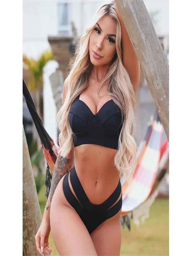 Women's steel bracket push-up bikini in nylon fabric showing multiple colour options