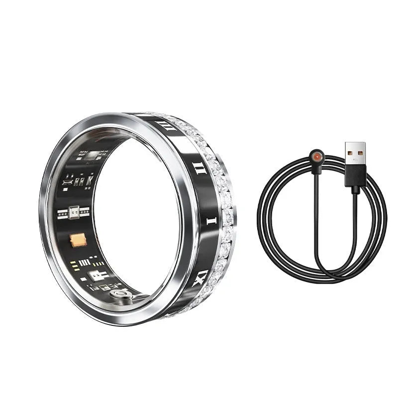 Gold and silver smart rings with diamond inlay for blood oxygen monitoring on a finger.