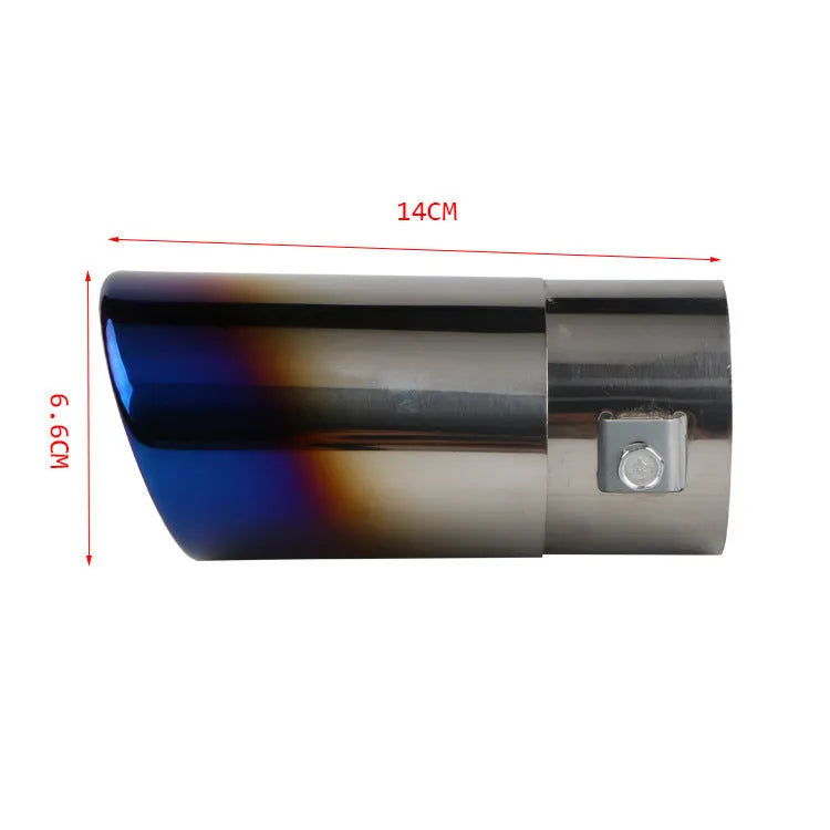 Stainless steel car modification exhaust tailpipe in bright silver and baked blue finishes.