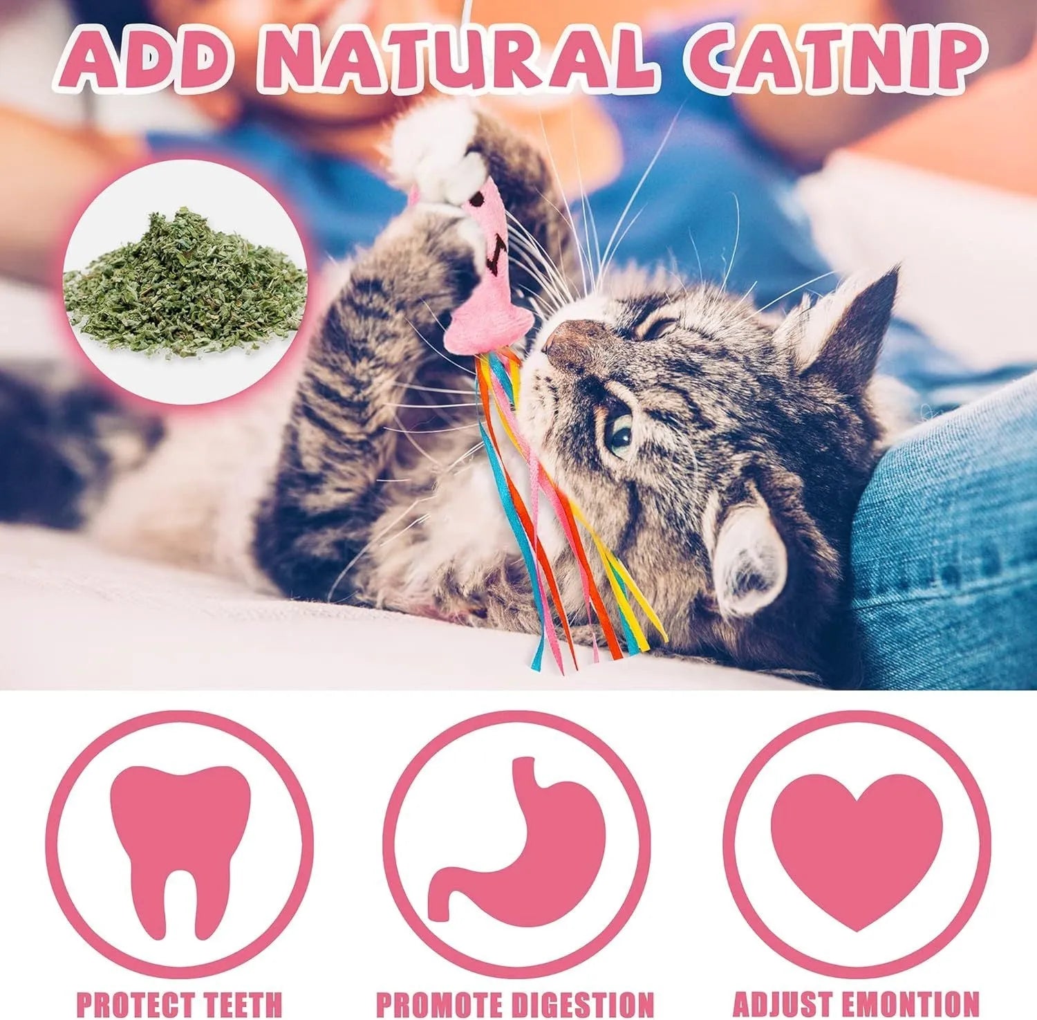 Cat wand toy with colourful ribbons, catnip fish, bell, and wooden handle for interactive play