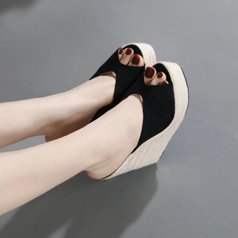 Women's black suede high-heel open-toe sandals with rubber sole, size 35-42