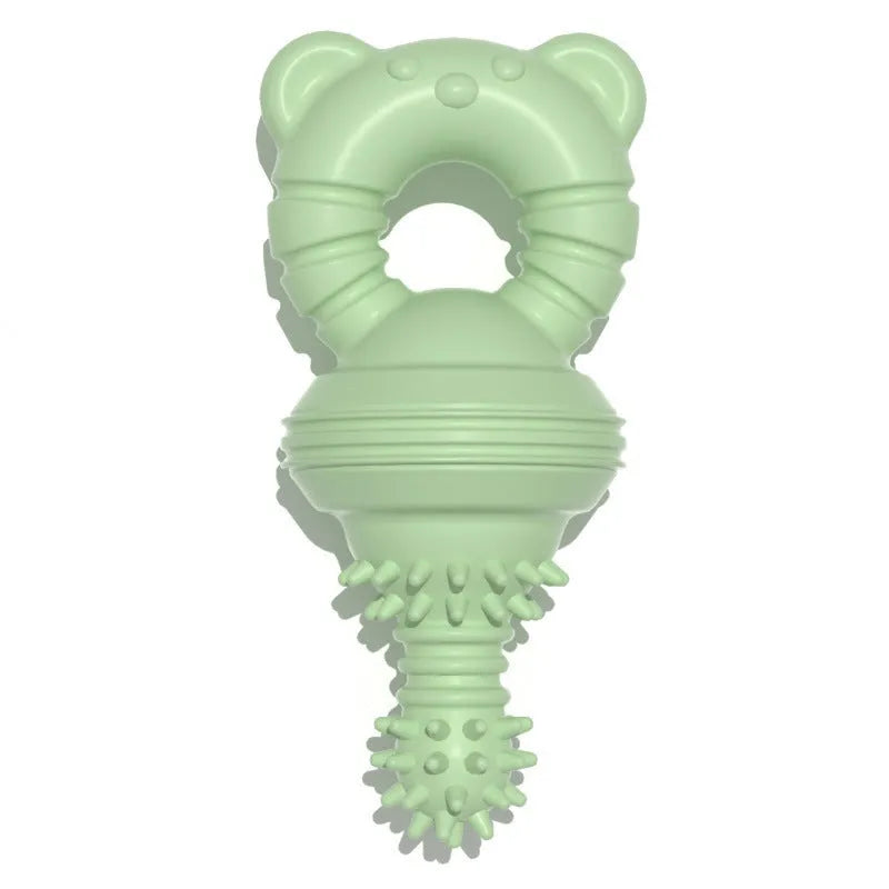 Blue rubber dog chew toy with textured surface and bell inside for teeth cleaning and play