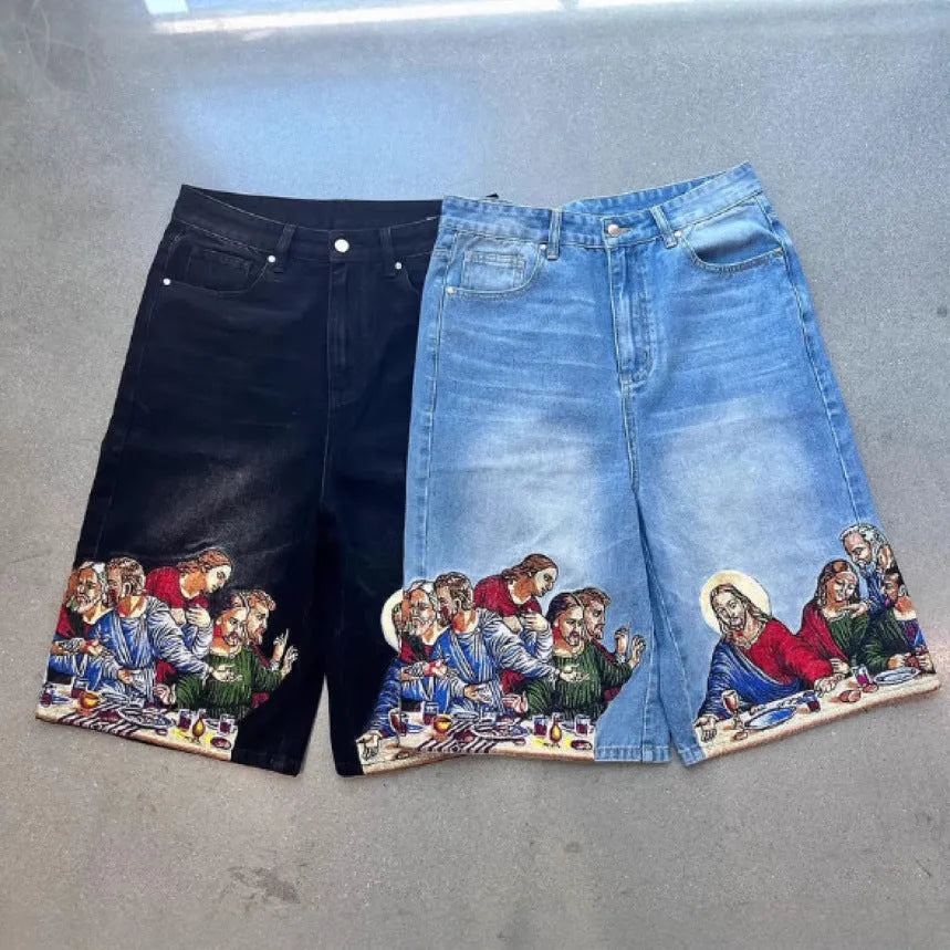 Men's blue cotton shorts with Jesus print on back pocket and tapered legs