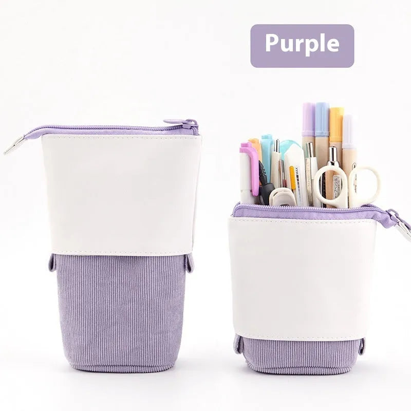 Korean-style telescopic corduroy stationery case in six colour options including purple and green.