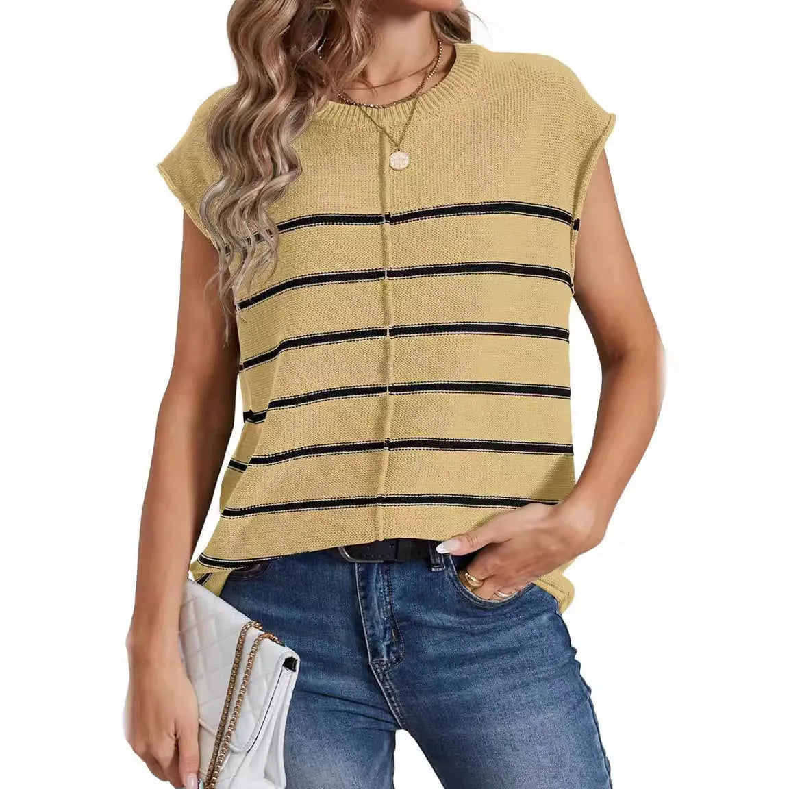 Women's striped sleeveless pullover top with bone stitching in apricot colour