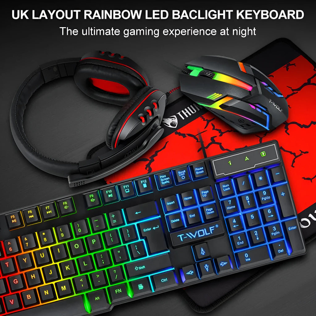 Thunder Wolf T800 gaming keyboard and mouse set with headset and mouse pad