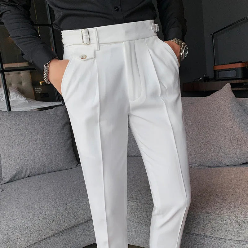 Men's straight-leg polyester casual trousers in solid khaki colour on a hanger.