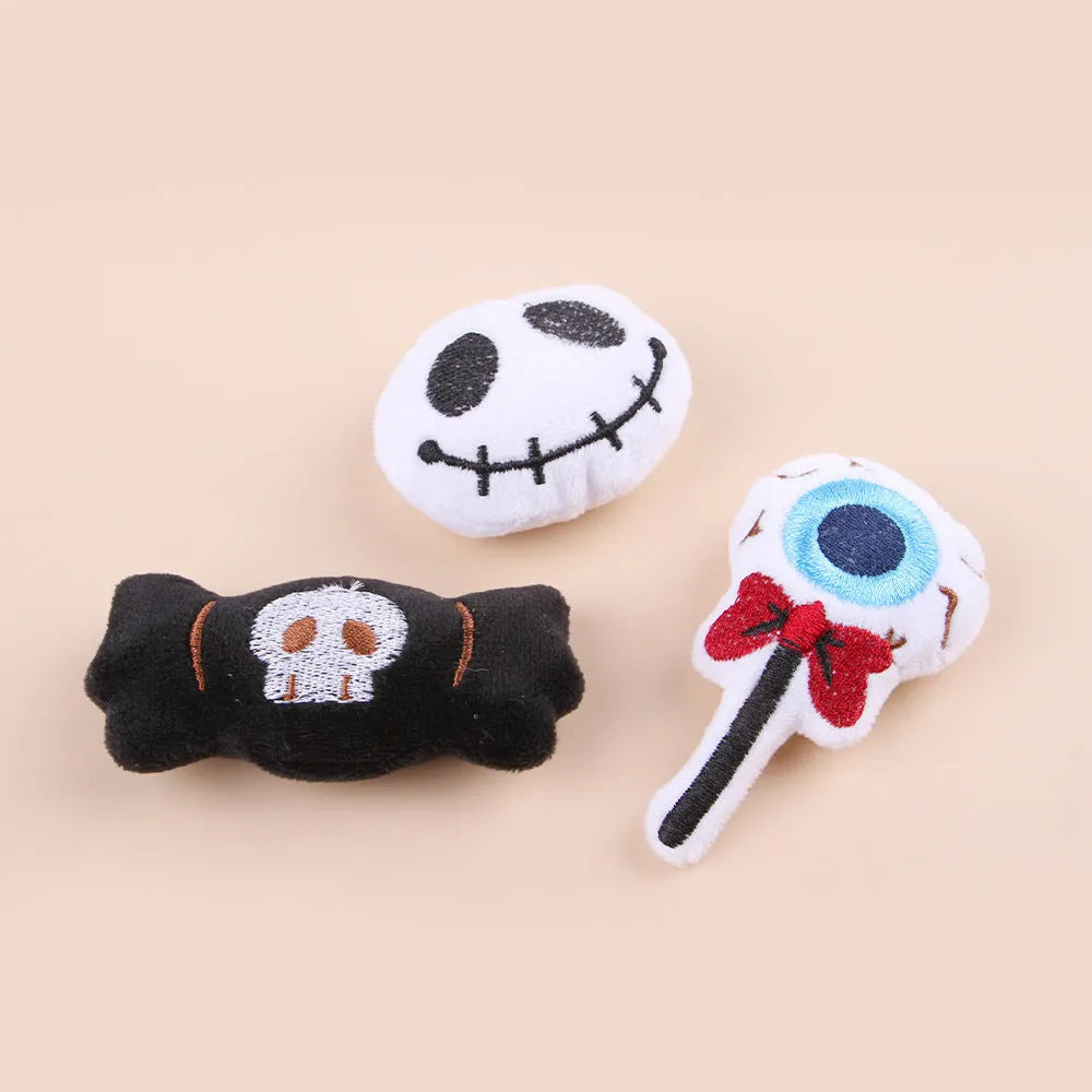 Small plush cat teaser toy in candy, eyes or skull design for pet play