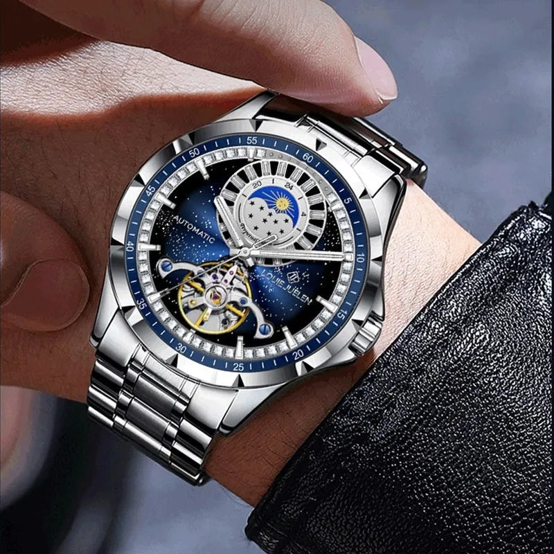 Silver alloy automatic mechanical watch with blue dial and stainless steel butterfly buckle strap