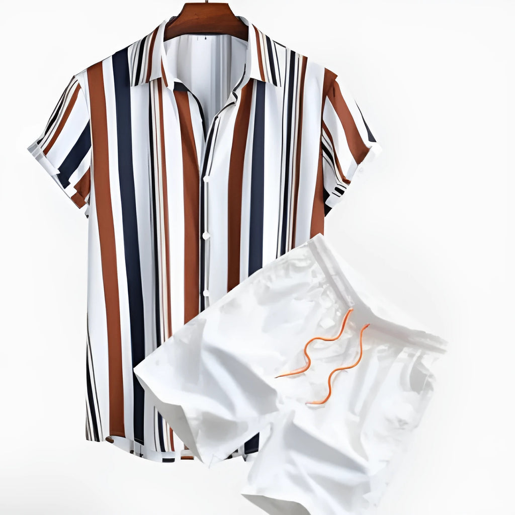 Men's short sleeve cardigan and matching shorts suit set with digital printed design.