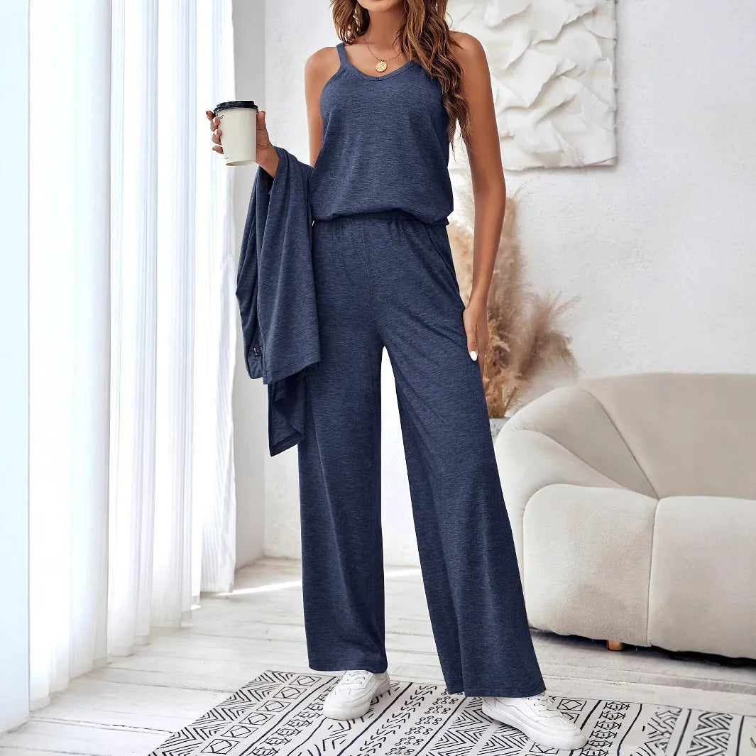 Blue women's three piece suit with sling top, long cardigan, trousers and suspenders in Japanese Korean casual style