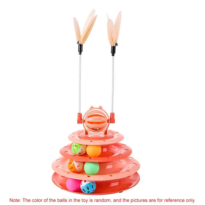 Interactive 4-tier cat puzzle toy with rotating carousel, 6 balls, and teasing rods in blue, green, or pink colours