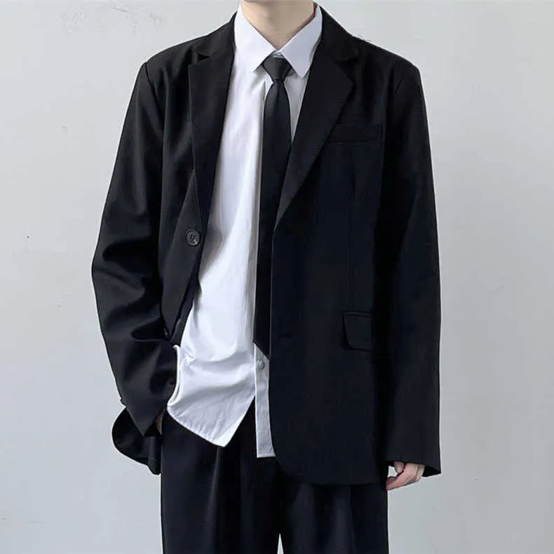 Men's plus size suit jacket with trousers shirt and tie ensemble in college style