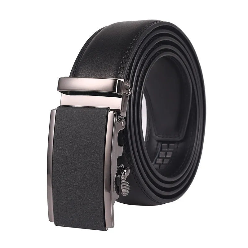 Men's genuine two-layer cowhide leather automatic buckle belt with embossed patent finish and electroplated alloy buckle