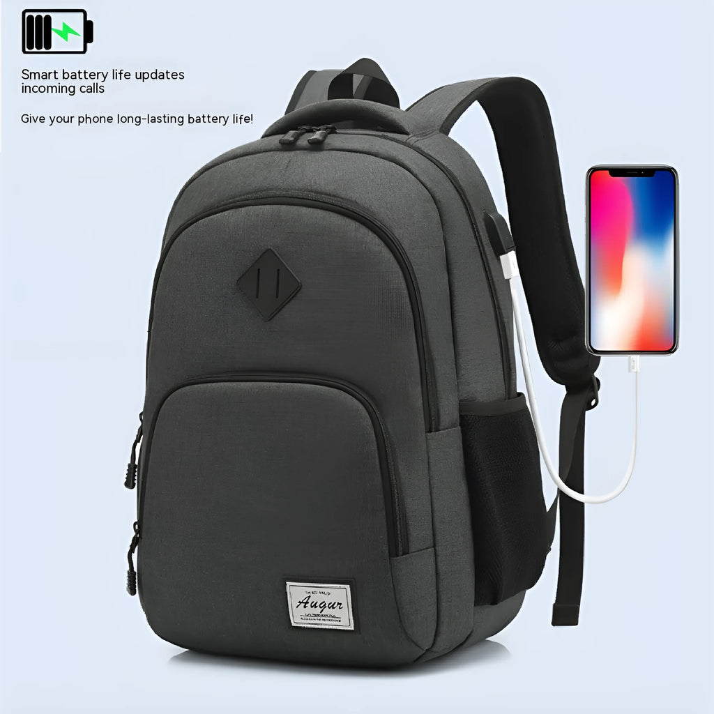 Grey lightweight nylon backpack with a USB charging port and travel straps.