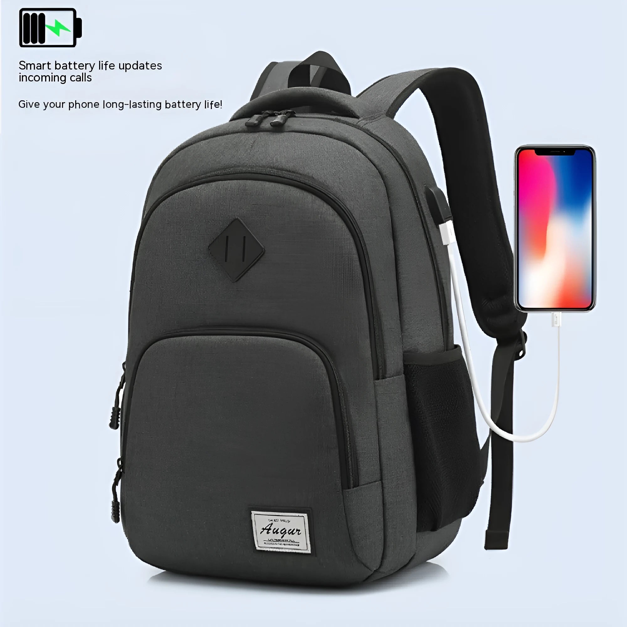 Grey lightweight nylon backpack with a USB charging port and travel straps.