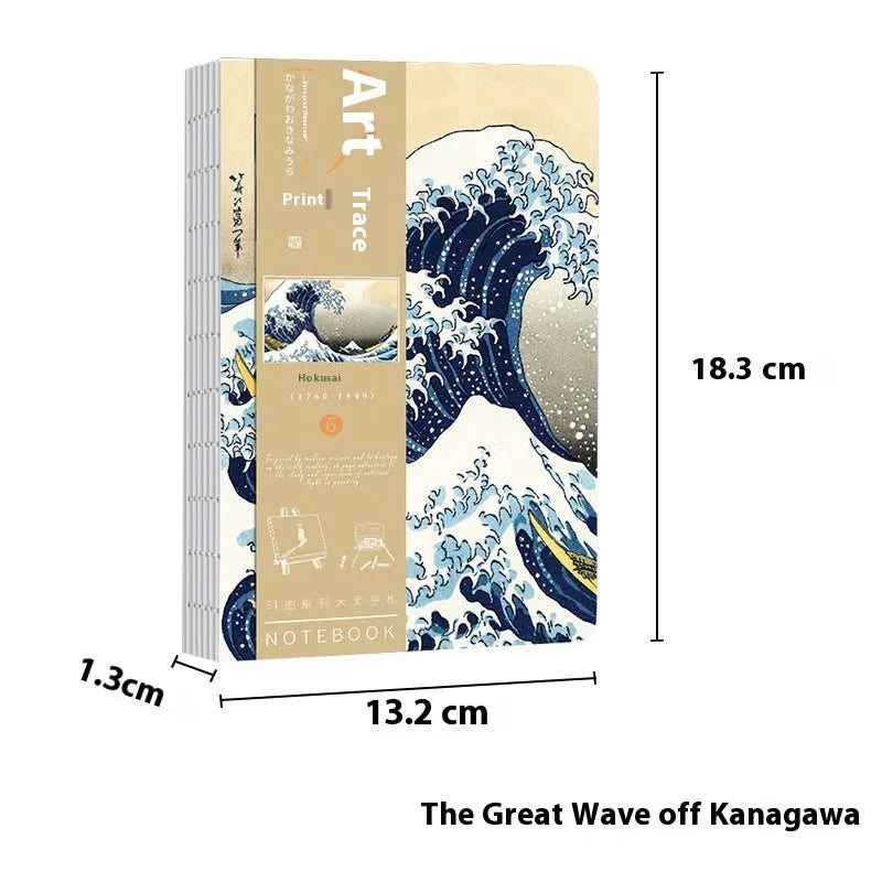 Ukiyo-e series hand ledger notebook showing retro Japanese art cover, open to reveal Daolin paper pages