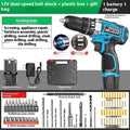 12V dual-speed pistol grip impact drill and electric screwdriver set inside a plastic storage box.