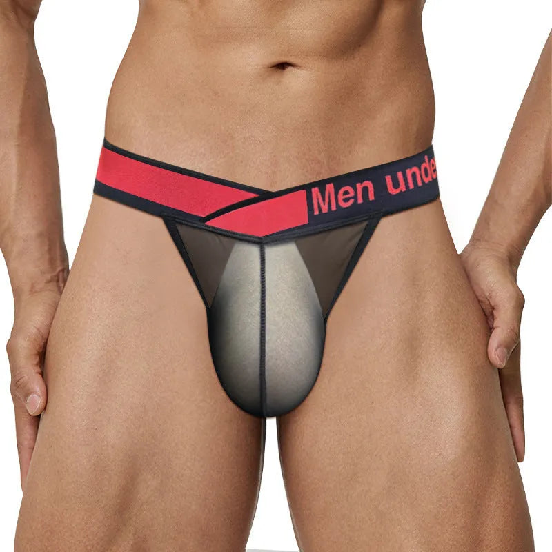 Men's transparent ice silk nylon briefs with V gradient design in black colour
