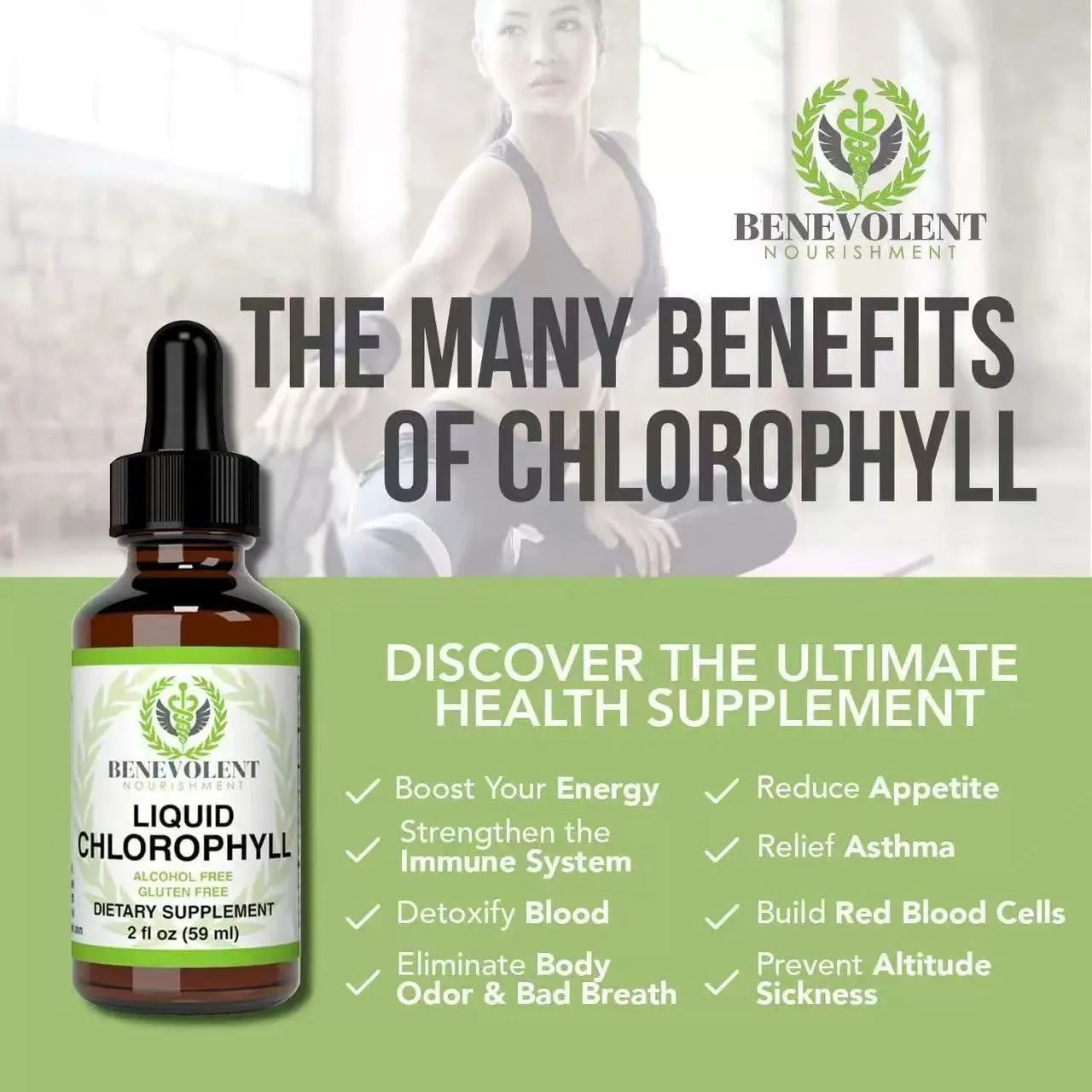 60ml glass bottle of chlorophyll liquid drops with a dropper for dietary supplementation.