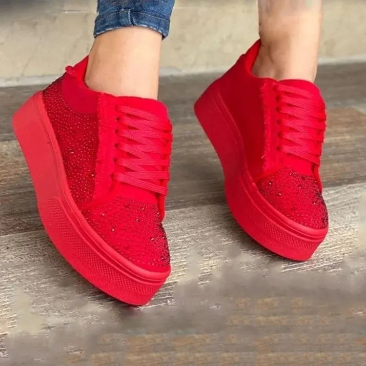 Plus size women's rhinestone lace-up casual shoes with thick rubber soles in black, blue, white, or red colours