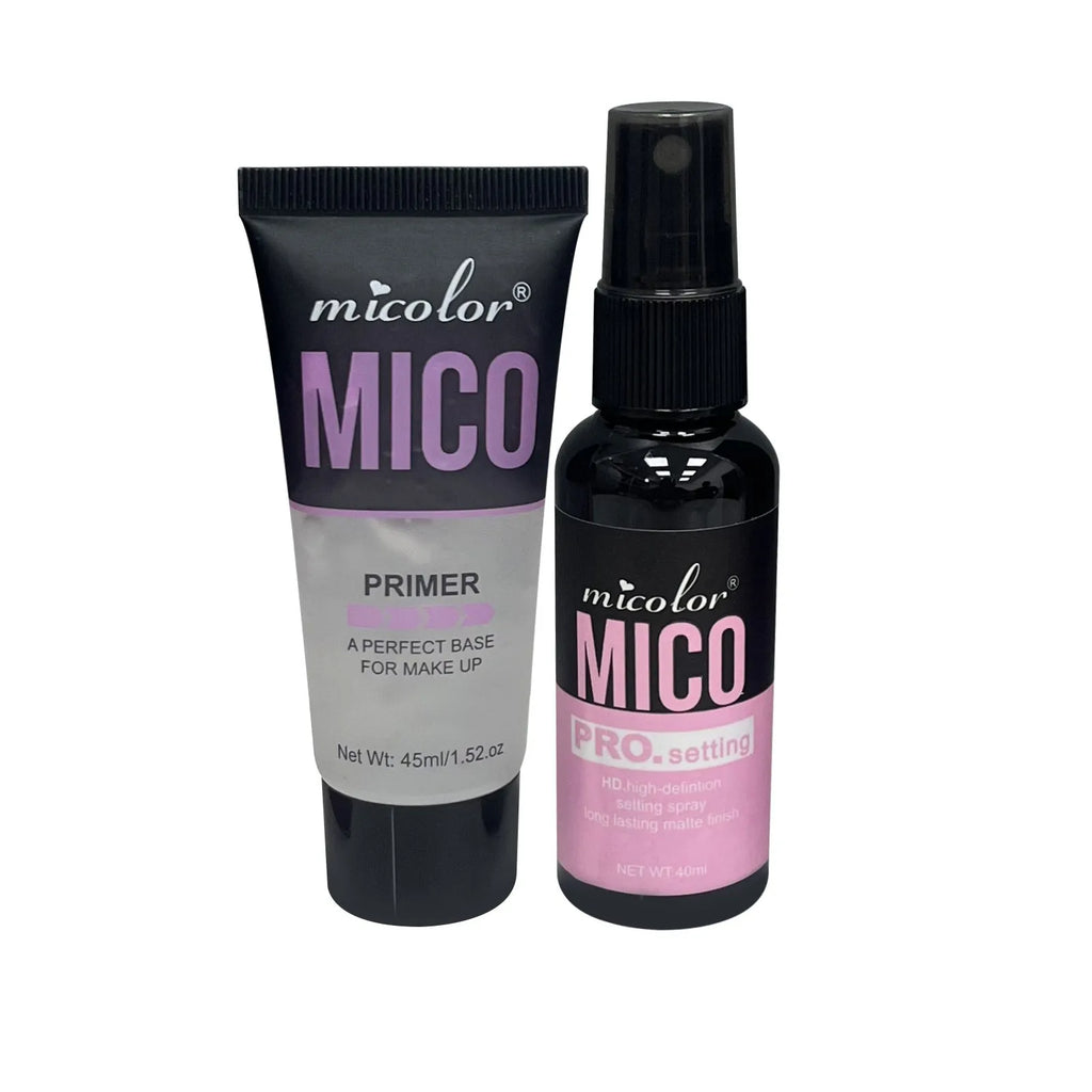 Two-in-one make-up primer and final sealer spray set, 45ml and 40ml bottles, monochrome packaging