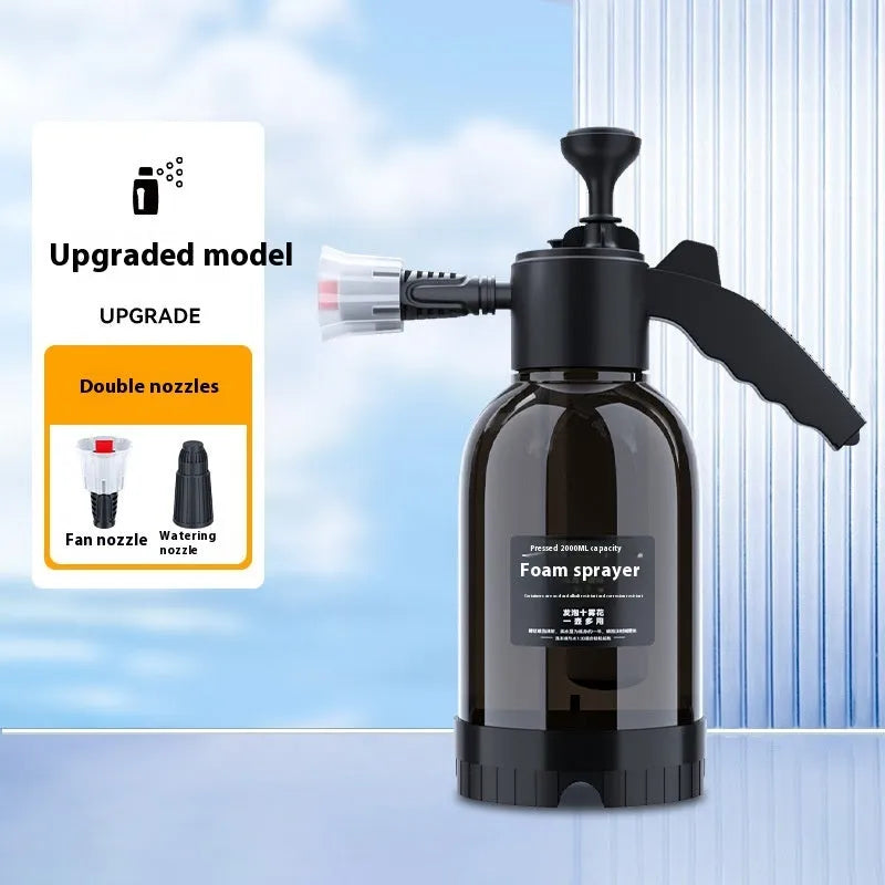 Black hand-held 2 litre spray bottle with two nozzles for garden watering and car washing