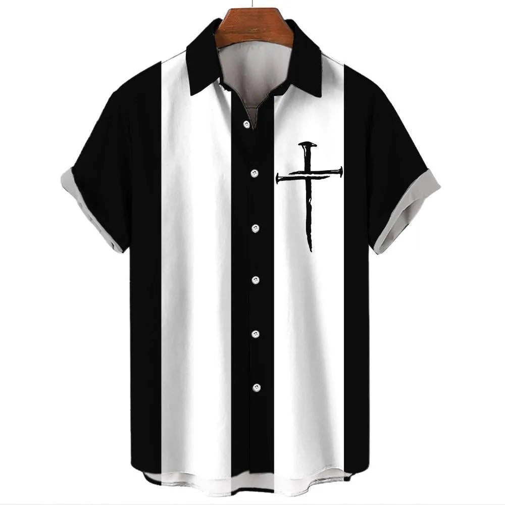 Men's striped Hawaiian casual shirt with button front and short sleeves in elastic polyester fabric