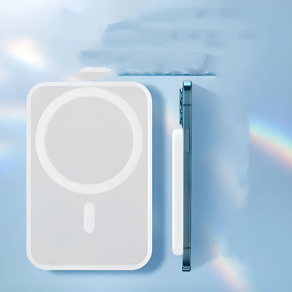 White magnetic wireless power bank with 5000mAh capacity showing creative design and compact dimensions