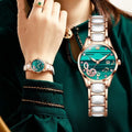 Fashion diamond inlaid women's quartz watch with steel ceramic strap, 28mm case, green dial