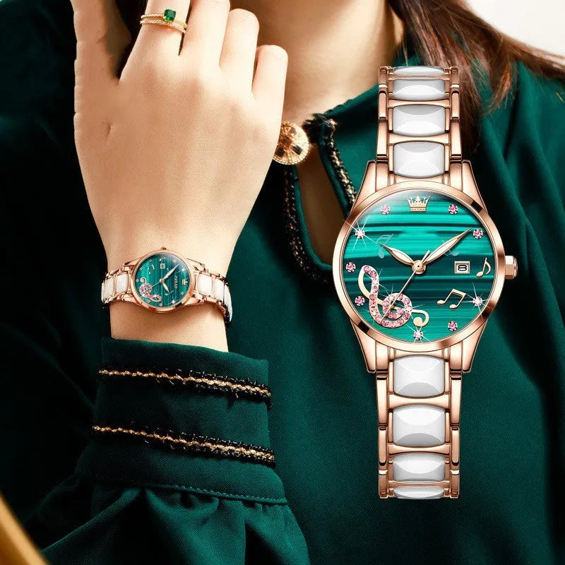 Fashion diamond inlaid women's quartz watch with steel ceramic strap, 28mm case, green dial
