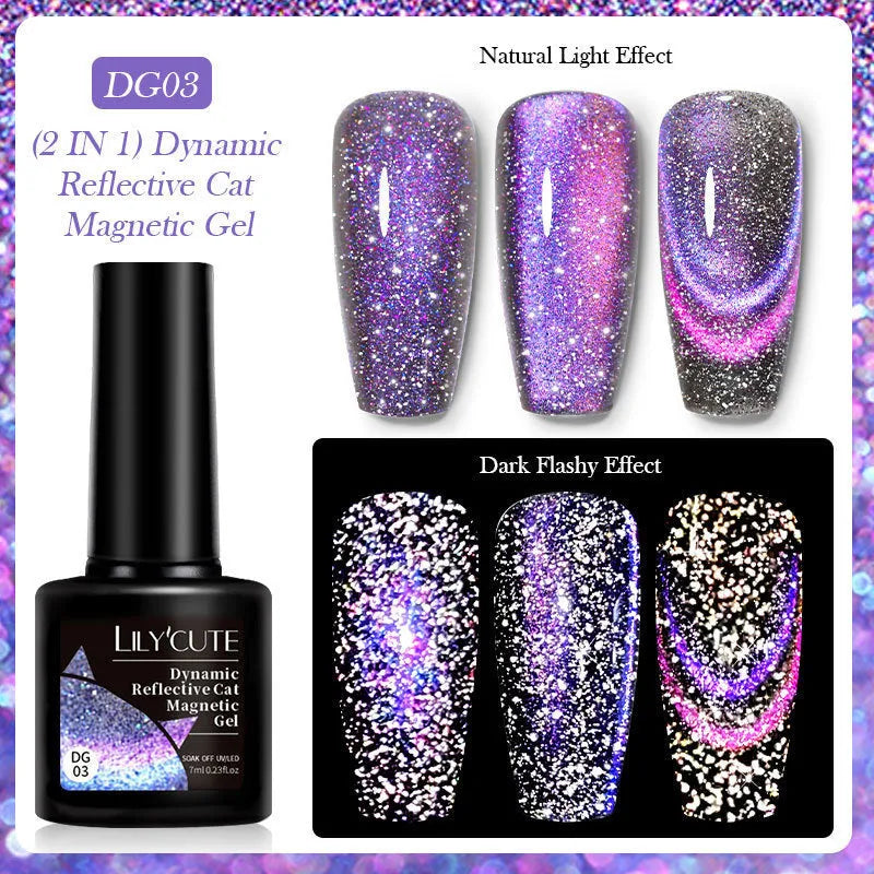 Cat eye effect nail polish gel with glitter and diamond fragments in six colour options
