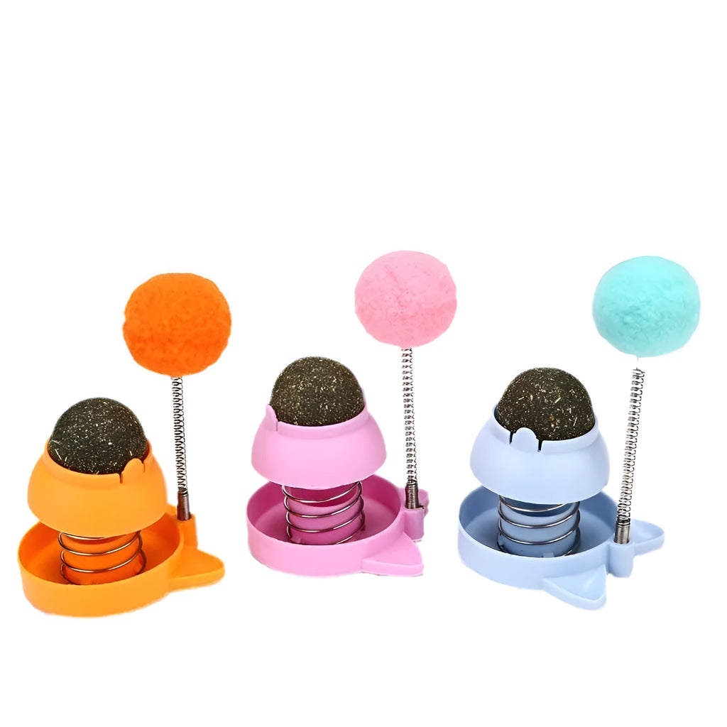 Lucky cat music mint ball toy measuring 55mm diameter in blue, orange and pink colours