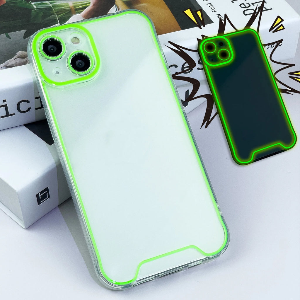 Glow in the dark Christmas phone case for iPhone in blue, green, orange, pink, and yellow colours.