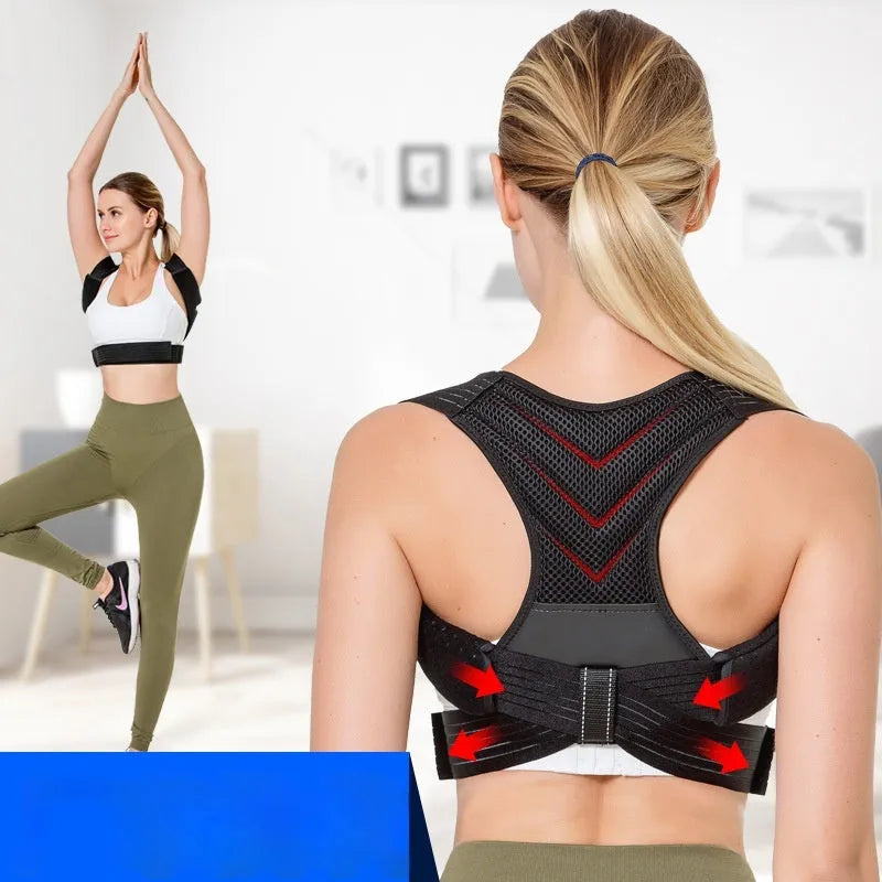 Black adjustable posture correction belt for upper back and shoulder support.