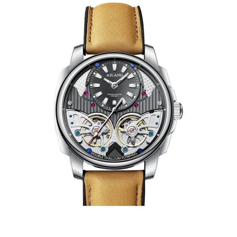 Automatic double tourbillon men's watch with silver case, black dial, and gray belt