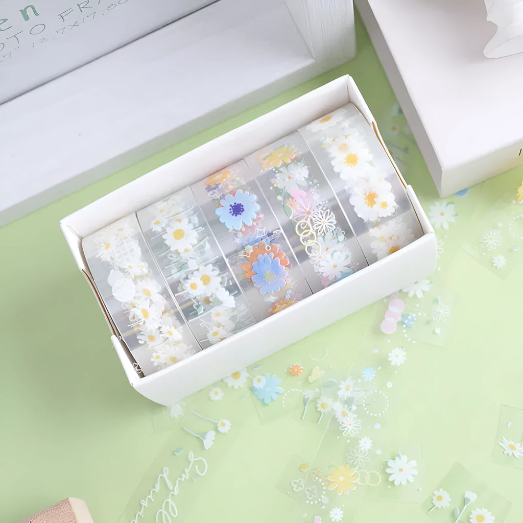 Five rolls of transparent adhesive tape with Midsummer Daisy cartoon decoration, each 1.5cm wide