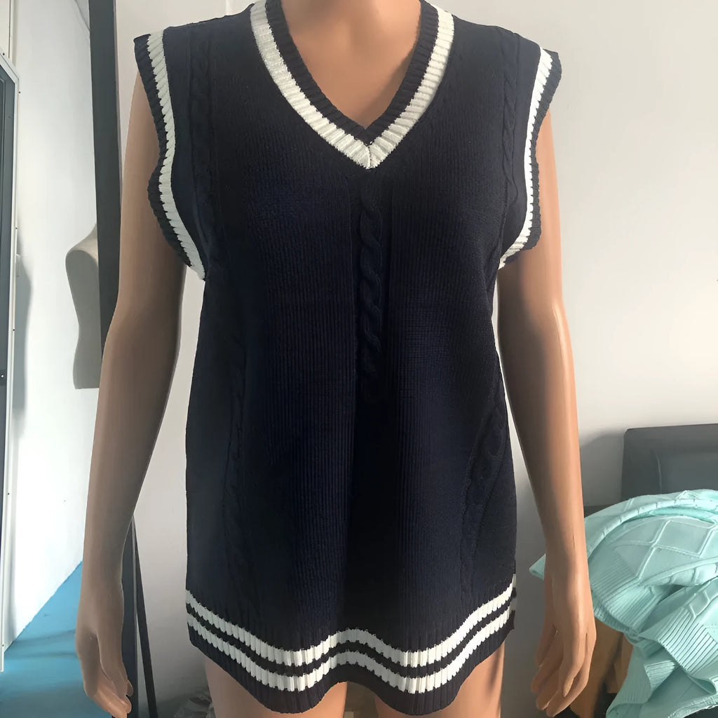 Women's V-neck striped knitted sweater waistcoat in acrylic fibre slim fit pullover available in multiple colours