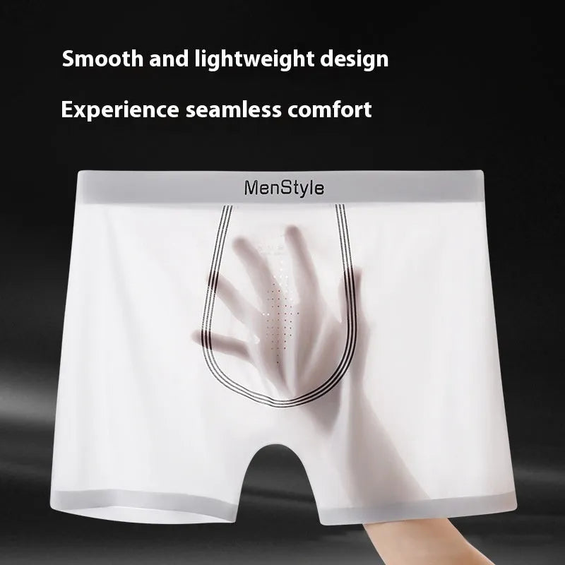 Satin ice silk seamless men's boxers in flesh color with mid waist elastic band