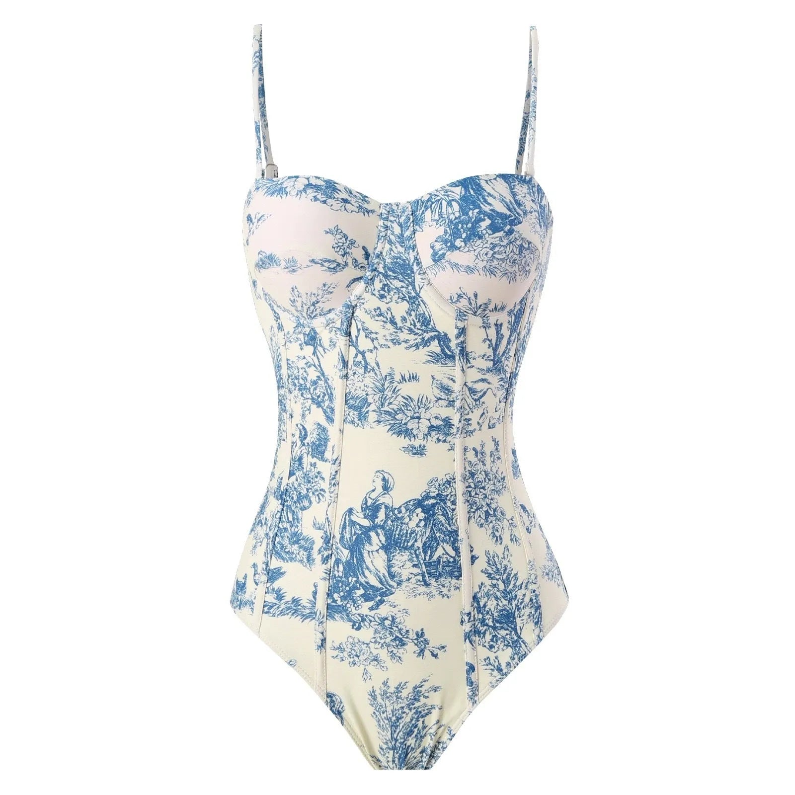 Blue women's one-piece swimsuit with a matching separate gauze skirt laid flat.