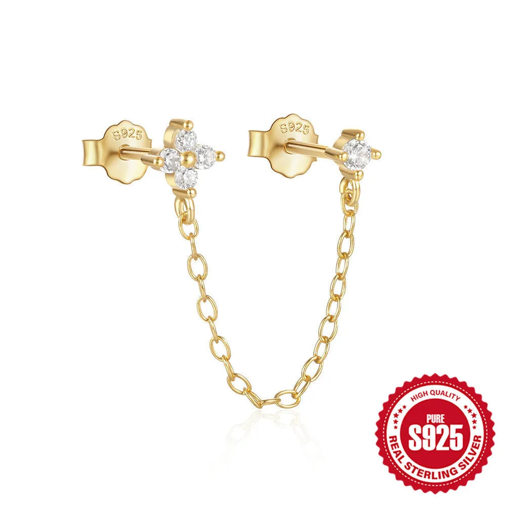 S925 sterling silver geometric flower tassel chain earring ear clip studs in golden colour