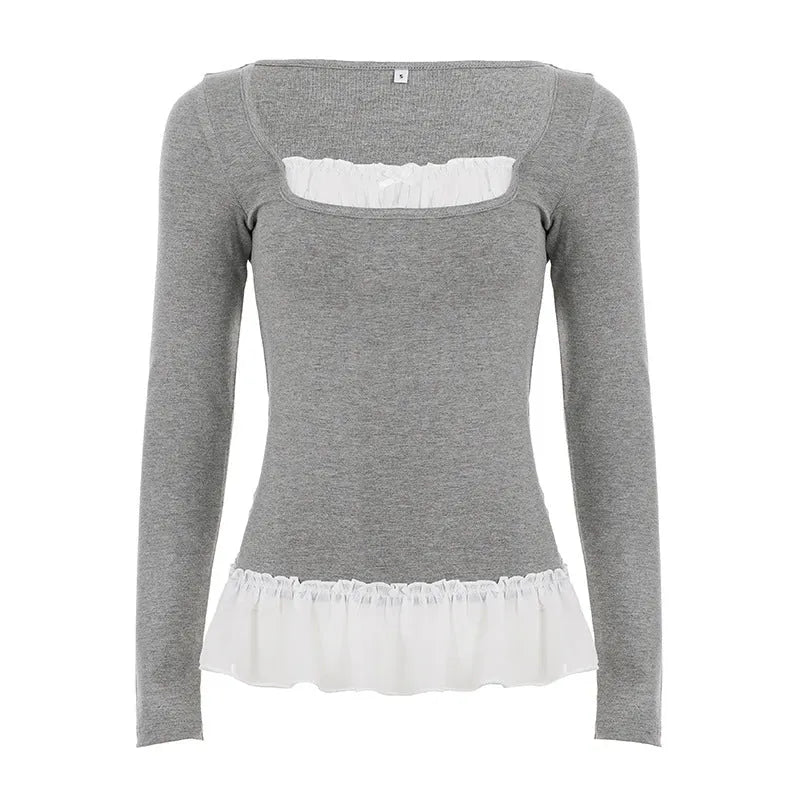 Women's casual fake two-piece lace long sleeve t-shirt in gray slim fit