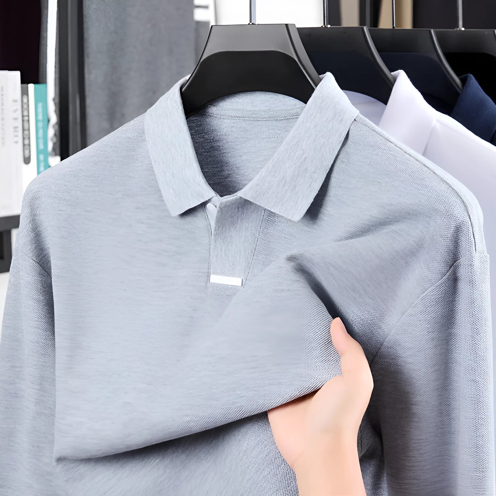 Men's loose fit cotton polo shirt with lapel collar in grey shown front view